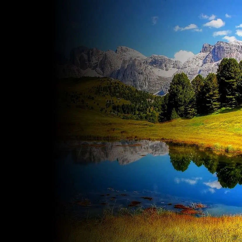 homonymous_hemianopsia Simulation of homonymous hemianopia showing a mountain landscape and reflective lake with the entire left half of the visual field obscured in black darkness, while only the right side of the scenery remains visible and clear.